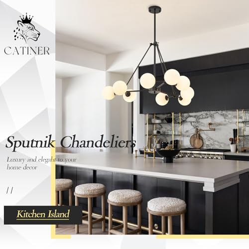 Modern 40" 9 Light Black Sputnik Chandelier with Milk Glass Globe