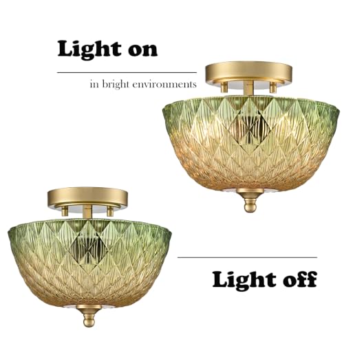 Semi Flush Mount Ceiling Light with Green & Amber Glass Shade