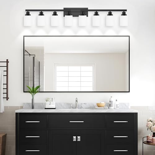 8 Light Bathroom Light Fixtures Over Mirror Black Vanity Light 52in (8 Count)