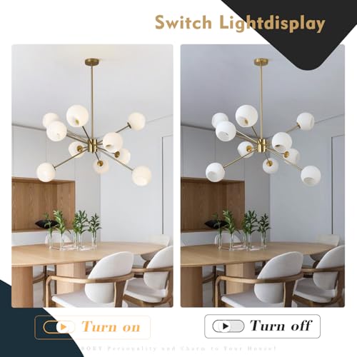 White Milk Glass Hanging Chandelier 10 Lights Mid Century Modern Globe Sputnik Chandelier Gold Pendant Light Fixture Frosted Glass Large Adjustable Dining Room Ball Hanging Chandelier