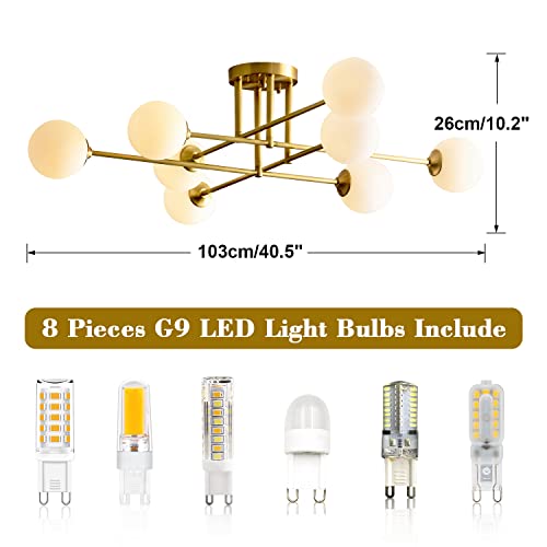 8 Light Globe Flush Mount Ceiling Light Milk Glass Ball Sputnik Chandelier Mid Century Brushed Gold Semi Flush Mount Ceiling Light Fixture Living Room Ceiling Lamp