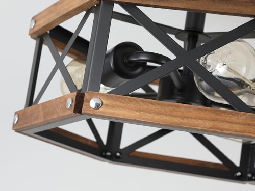 3 Light Rustic Farmhouse Wood Flush Mount Ceiling Light Fixture 14.5 inch Oak Wood and Metal Hexagon Cage Semi Flush Mount Ceiling Light for Hallway Hall Entry Bedroom Kitchen Farmhouse