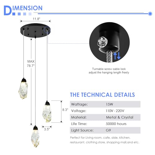 3 Lights Crystal Pendant Light Modern Cluster Chandelier Dimmable Pendant Light Fixture with Black Teardrop Design Stylish Lighting for Kitchen Island