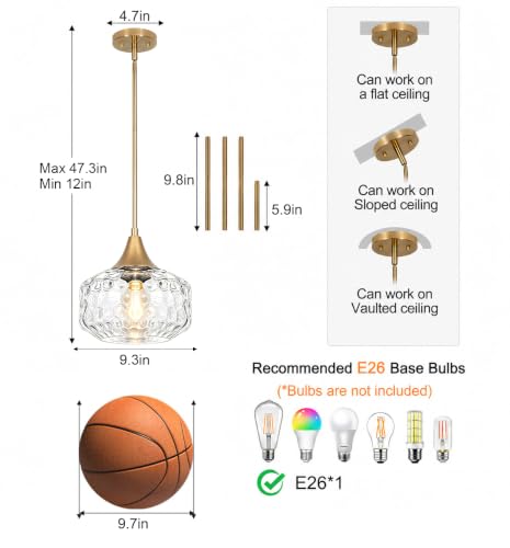 DSMJFU Gold Kitchen Island Pendant Lights with Hammered Glass for Island