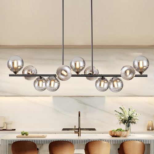 Linear Chandeliers for Dining Room 51.2" Large Sputnik Chandelier Pendant Lights Kitchen Island 11 Lights Dining Room Light Fixture Sputnik Modern Linear Globe Chandelier Black for Farmhouse Kitchen