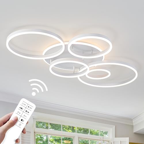 Modern LED Ceiling Light White Flush Mount Ceiling Lights Fixtures Dimmable 47" Dining Room Light Fixture with Remote 6 Rings Kitchen Lighting Fixtures Ceiling Lamp for Bedroom
