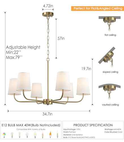 6-Light Brushed Gold Pendant Chandelier with White Linen Shades, E12 Base - Farmhouse & Industrial Style for Kitchen, Living Room, Dining Room, or Bedroom Lighting