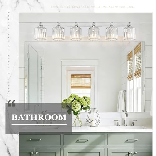 6 Light Modern Bathroom Light Fixture Chrome Vanity Lights Over Mirror Wall Sconce Lighting with K9 Crystal Shades Bathroom Wall Lamp E26 Base for Bedroom