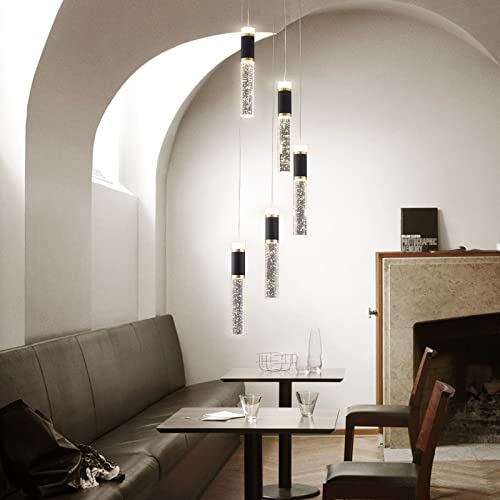 5 Light Modern LED Pendant Light for Kitchen Island Lighting Dimmable Dining Room Chandelier Light Fixture Bubble Crystal Ceiling Hanging Lights 3000K