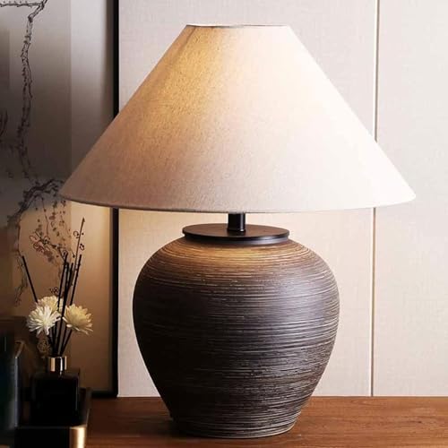 19.6'' Farmhouse Round Ceramic Table Lamp Rustic Retro Desk Lamp Brown Check Body with Off