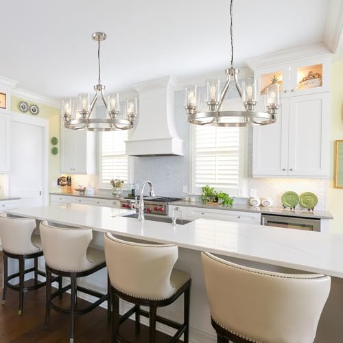 8 Light Modern Chandeliers for Dining Room Light Fixture Brushed Nickel Kitchen Chandelier Ceiling Hanging Pendant Lighting with Glass Shade for Living Room Entryway Adjustable Height E26