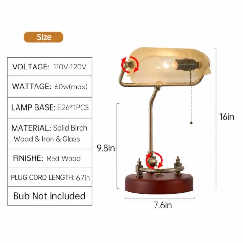 Bankers Lamp Traditional White Glass Desk Lamp Solid Wood Pull Chain Switch