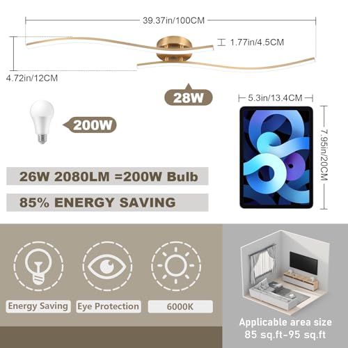 28W Gold Linear Ceiling Light Gold Modern LED Ceiling Light Fixture 6000K Aluminum 39.37Inch Long Ceiling Lamp for Hallway