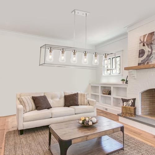 6 Light Brushed Nickel Dining Room Light Fixture Modern Farmhouse Chandelier Linear Hanging Pendant Lighting Rectangle for Kitchen Living Room Adjustable Height with Glass Shade (6 Count)