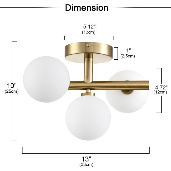 3 Light Semi Flush Mount Ceiling Light Frosted Globe (3 Count)