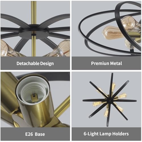 Semi Flush Mount Ceiling Light Fixture Chandelier 25''Black Gold Bedroom Ceiling Lights 6 (6 Count)