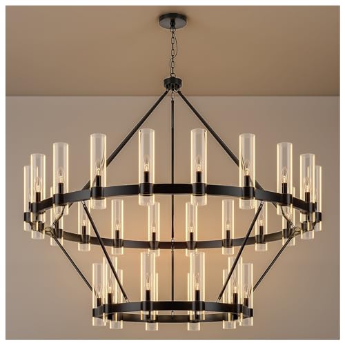 60 Inch Black Wagon Wheel Chandelier 2 Tier with Glass Shade