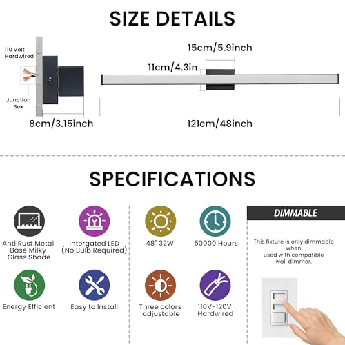 Modern LED Bathroom Vanity Light 48 inch 32W Dimmable 3CCT Bathroom Light Fixture Over Mirror Rectangle Bath Vanity Light Bar with Double Layer Acrylic Shade (48 inch(es))