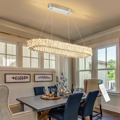 Modern Crystal LED Chandelier Dimmable Oval Chandeliers Rectangular Dining Room Light Fixture with Remote for Living Room Kitchen Island Silver