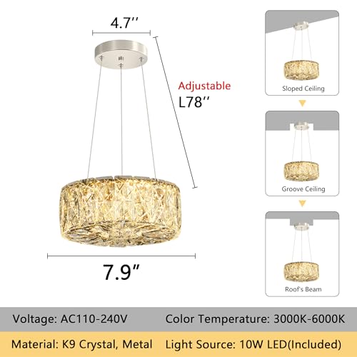 Modern Ring Crystal Chandelier Remote Dimmable Pendant Ceiling Light Fixtures for Living Room Kitchen Island Dining Room Silver