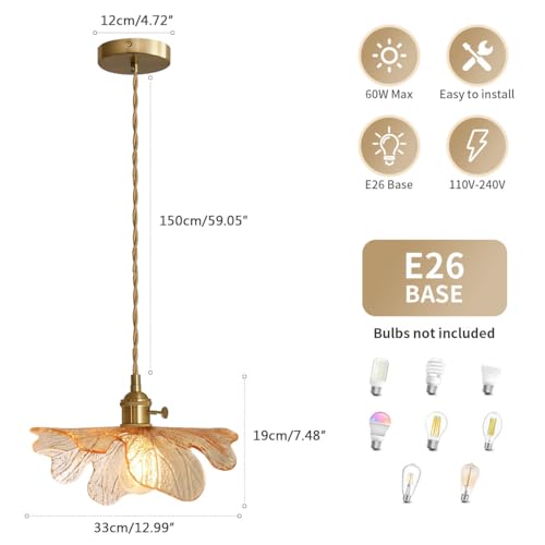 Mid Century Pendant Light for Kitchen with Blown Flower Amber Glass