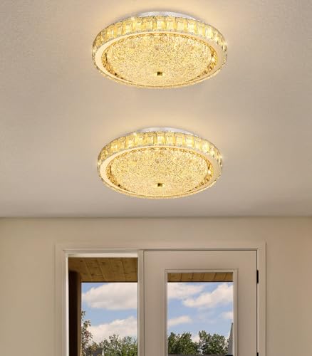 15.7" Modern Crystal Chandelier Dimmable LED Flush Mount Ceiling Light with Remote Control for Living Room Dining Room Bedroom Hallway Foyer Gold