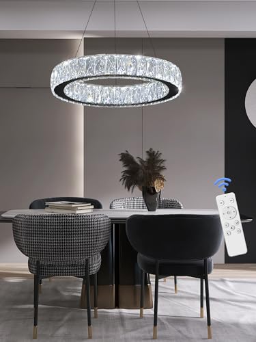 Modern 23.6'' Ring Crystal Chandelier Adjustable LED Ring Pendant Light Dimmable Black Round Crystal Chandelier Light for Dining Room Living Room