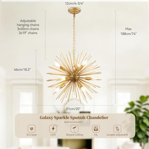 20in 9 Lights Gold Sputnik Chandelier Modern Mid