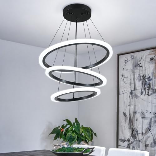 Modern 3 Ring LED 52W Black Pendant Light with Irregular Ring Lights Adjustable Hanging Lamp for Dining Room Bedroom Kitchen Island Cafe