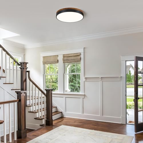 Modern Walnut Wood Black Flush Mount Ceiling Light 15.74 Inch