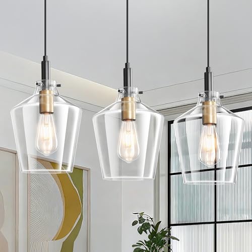 Glass Pendant Lighting for Kitchen Island 3 Pack Black Gold Clear 8 Inch (3 Count)