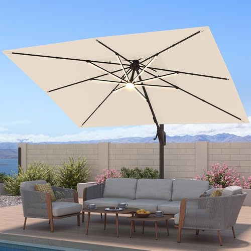 10x13FT Patio Cantilever Outdoor Offset Umbrella with LED Lights