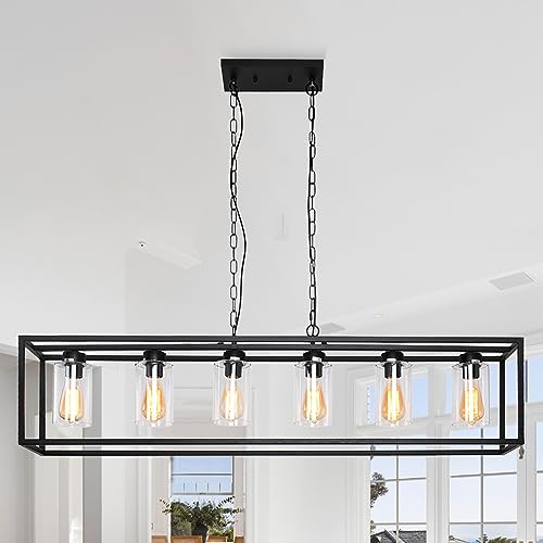 6 Light Black Kitchen Island Lighting with Clear Glass Shade