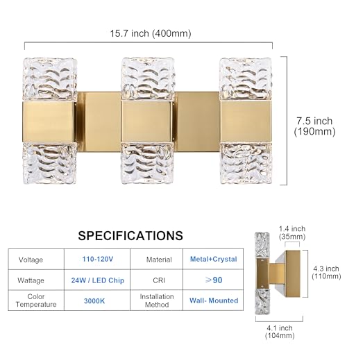 3 Light Modern LED Vanity Light Bar with Crystal Column Brass 24W