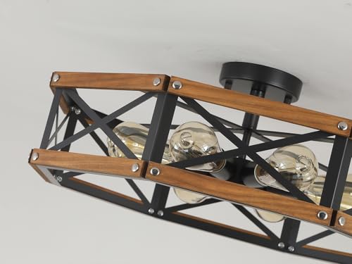8 Light Large Rustic Farmhouse Wood Flush Mount Ceiling Light Fixture 24 inch Oak Wood and Metal Cage Semi Flush Mount Ceiling Light for Entry Cabin Dining Farmhouse Bedroom Living Room