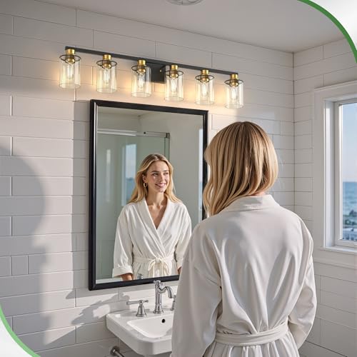 6 Light Black and Gold Bathroom Light Fixture Over Mirror