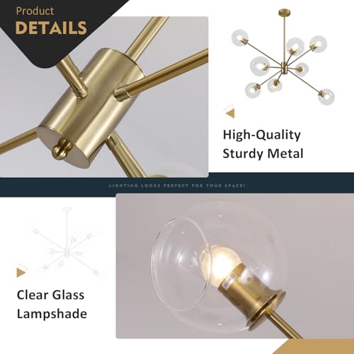 8 Lights Modern Large Gold Globe Sputnik Chandelier Contemporary Clear Glass Ball Bubble Chandelier Lighting Brass Sputnik Hanging Light Fixture Vintage Retro Pendant Lights Kitchen Island