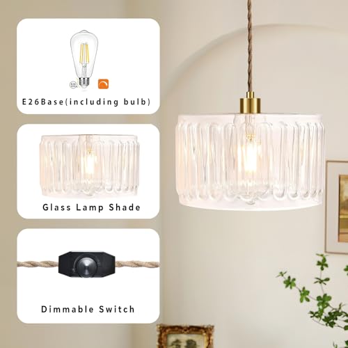 Glass Plug in Pendant Light Hanging Lights with Plug in Cord Milk White Hanging Lamp Gold Dimmable Mid Century Modern Plug in Chandelier Ceiling Fixture for Living Room