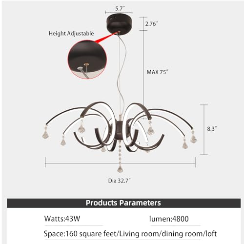 32.7" Black Crystal LED Chandelier