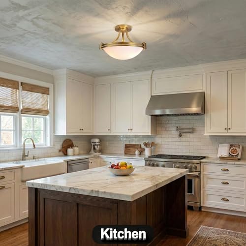 Semi Flush Mount Ceiling Light Fixture 12 inch Brushed Gold Light Fixture with Milk Glass for Bedroom Kitchen Bathroom Hallway Foyer Dinning Room Hall Entryway ETL Certified (2 Count)