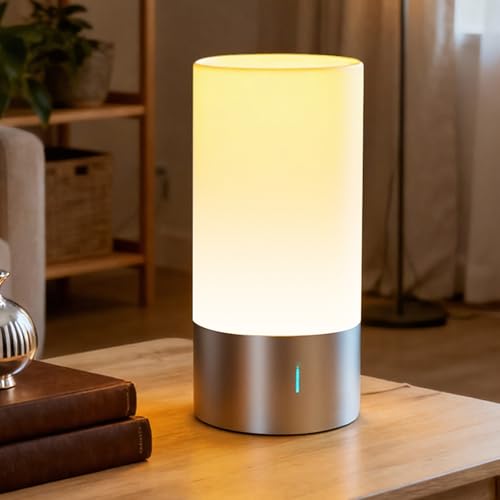 Table Lamp Bedside Touch Control Lamp for Bedroom 3 Level Dimmable Warm White Lights with 256 RGB Color Mode Modern Deisgn Smart Nightstand Desktop LED Lamps Portable for Read