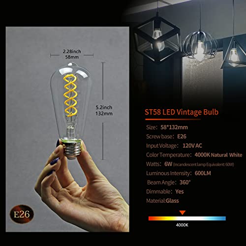 ST19(ST58) LED Edison Bulb, Vintage,6 Pack,Natural White 4000K, Antique Flexible Spiral LED Filament Light Bulb, Dimmable, 600LM, 6W Equivalent to 60W, E26 Base,Clear Glass (6 Count)