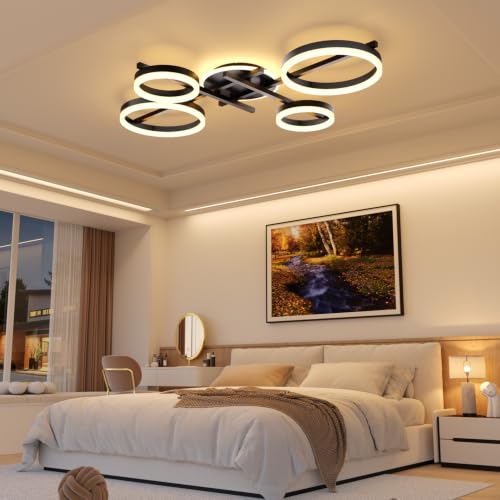 39.4" 5 Ring LED Dimmable Modern Ceiling Light Fixture (Black)