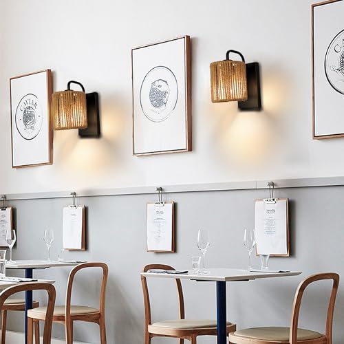 Boho Wall Sconce Rattan Wall Light Fixtures Hemp Rope Sconces