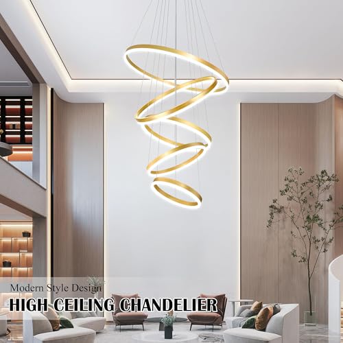5 Rings Pendant Lights Modern Gold Led Chandelier Gold Modern Led Pendant Light Dimmable Height Adjustable Chandeliers for Dining Room Bedroom Entryway Living Room Foyer