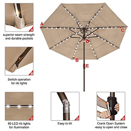 USA 10-Year-Non-Fading 9ft 3-Tier Market Patio Umbrella, Commercial Table Umbrella with 80 Solar LED Lights, Crank Open, Windproof & UPF 50+ UV Protection for Garden, Deck, Pool, Backyard, Heather Beige