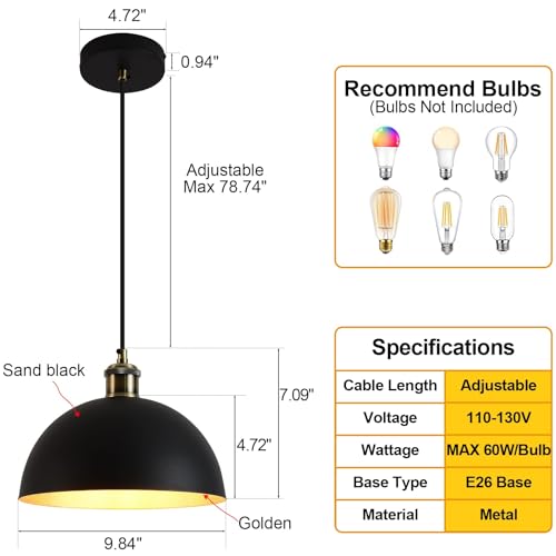 Vintage Industrial Pendant Light 9.84 "Industrial Dome Pendant Light Black and Gold Finish Lighting lamp line Length Pendant light78.74 Kitchen Island