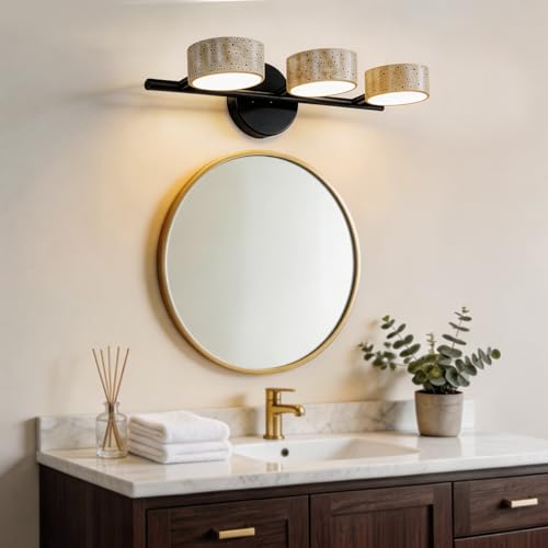 Led Bathroom Lighting Fixtures Over Mirror with 3 Travertine Shades