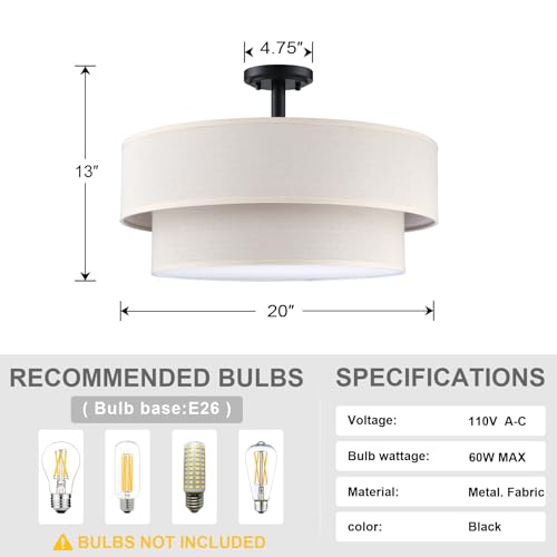 4 Light 20" Cream Fabric Black Semi Flush Mount Close to Ceiling Light Fixture