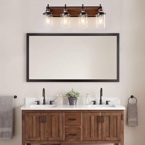 4 Light Farmhouse Bathroom Light Fixtures Vintage Bathroom Vanity Lights Over Mirror Black and Wood Painted Metal Vanity Light for Bathroom with Glass Shades E26 Socket